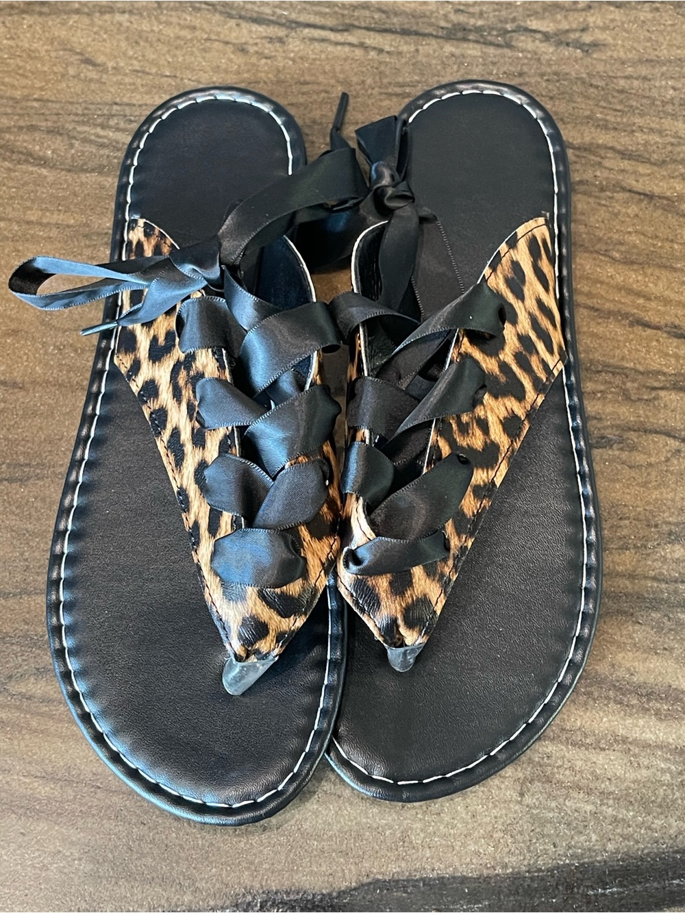 Leopard Print Ribbon Lace-Up Sandals Black EU 39